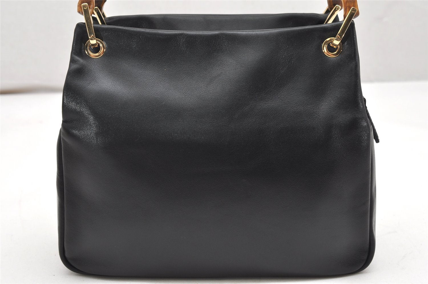 Authentic GUCCI Vintage Bamboo Hand Bag Purse Leather Black 4459K