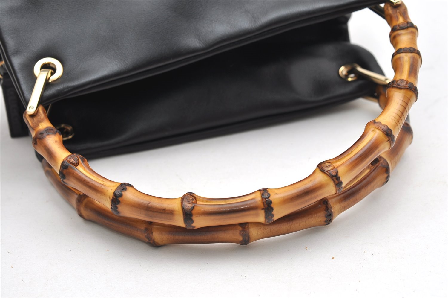 Authentic GUCCI Vintage Bamboo Hand Bag Purse Leather Black 4459K
