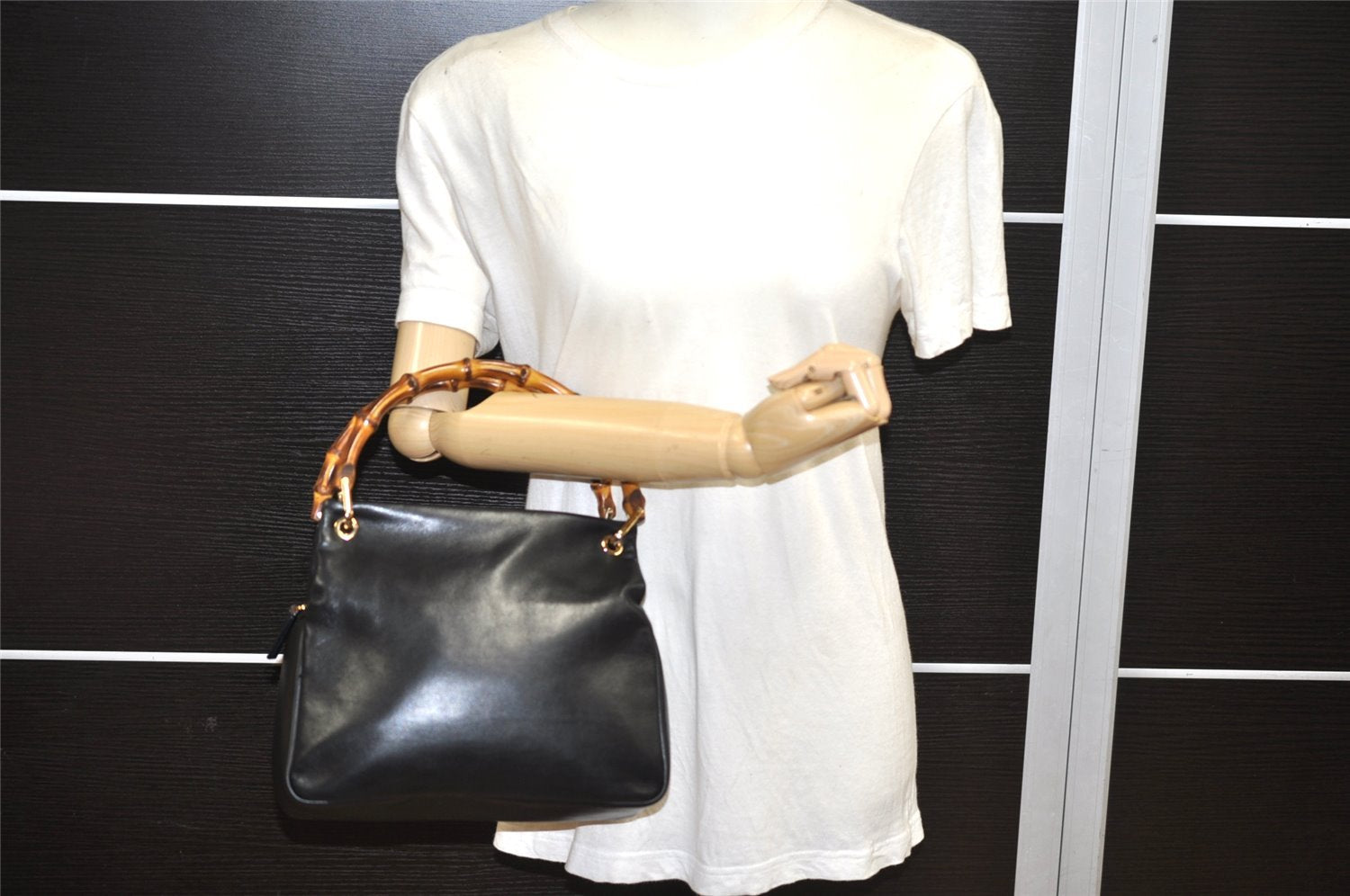 Authentic GUCCI Vintage Bamboo Hand Bag Purse Leather Black 4459K
