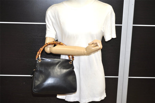 Authentic GUCCI Vintage Bamboo Hand Bag Purse Leather Black 4459K