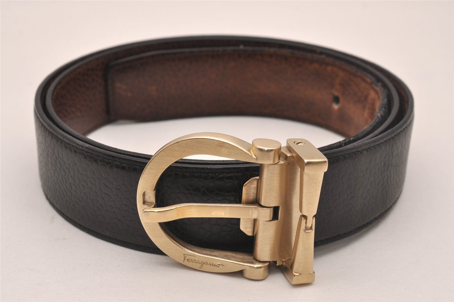 Auth Salvatore Ferragamo Belt Leather Reversible 31.5-35.4