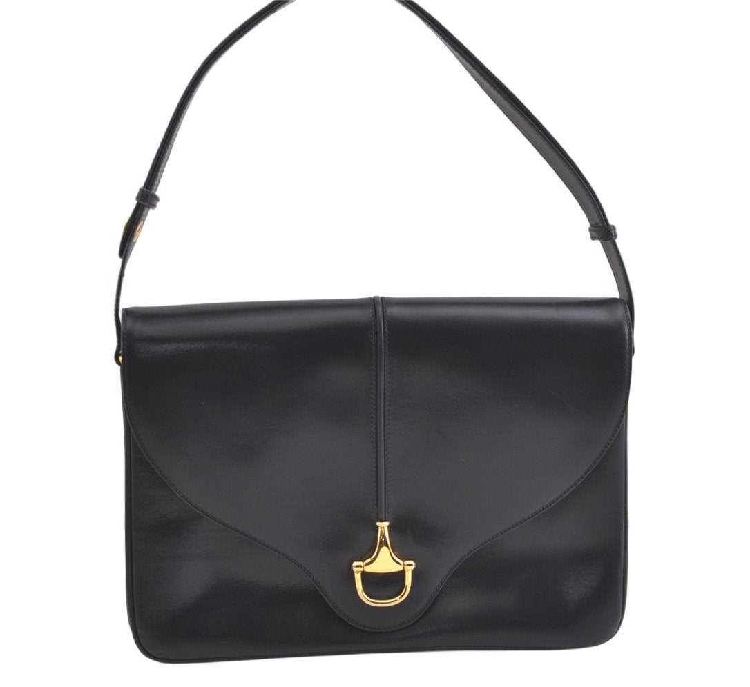 Authentic GUCCI Horsebit Shoulder Cross Body Bag Purse Leather Navy Blue 4463K