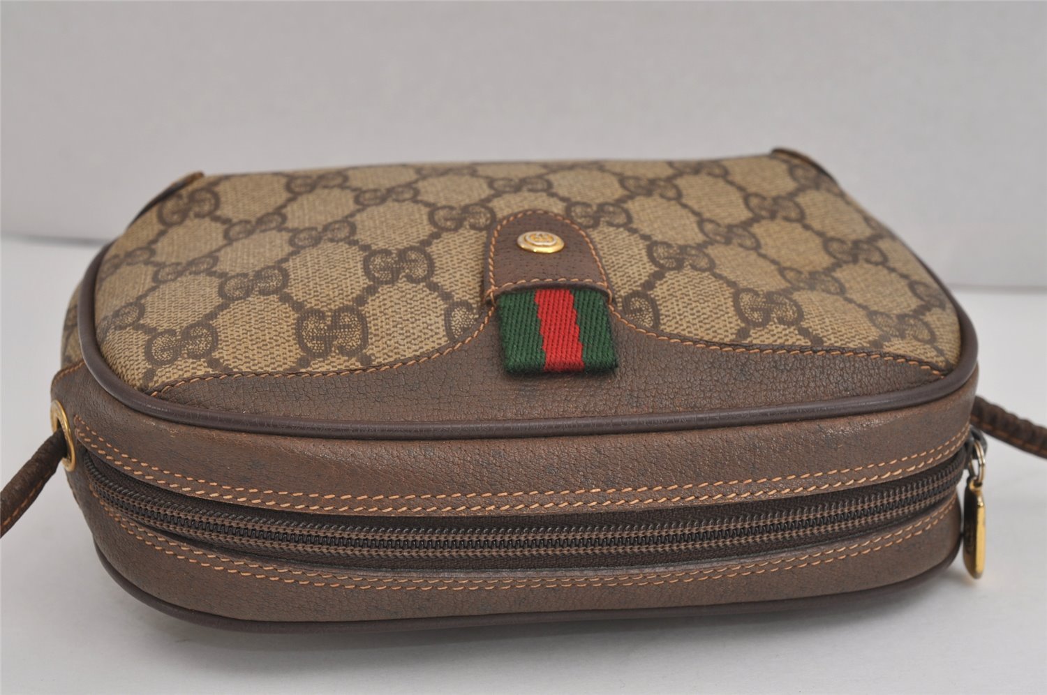 Authentic GUCCI Web Sherry Line Shoulder Bag GG PVC Leather Brown Junk 4467J