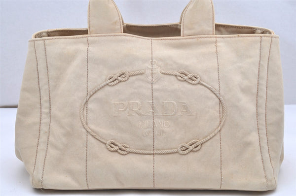 Authentic PRADA Vintage Canapa M Canvas Tote Hand Bag Beige 4471K