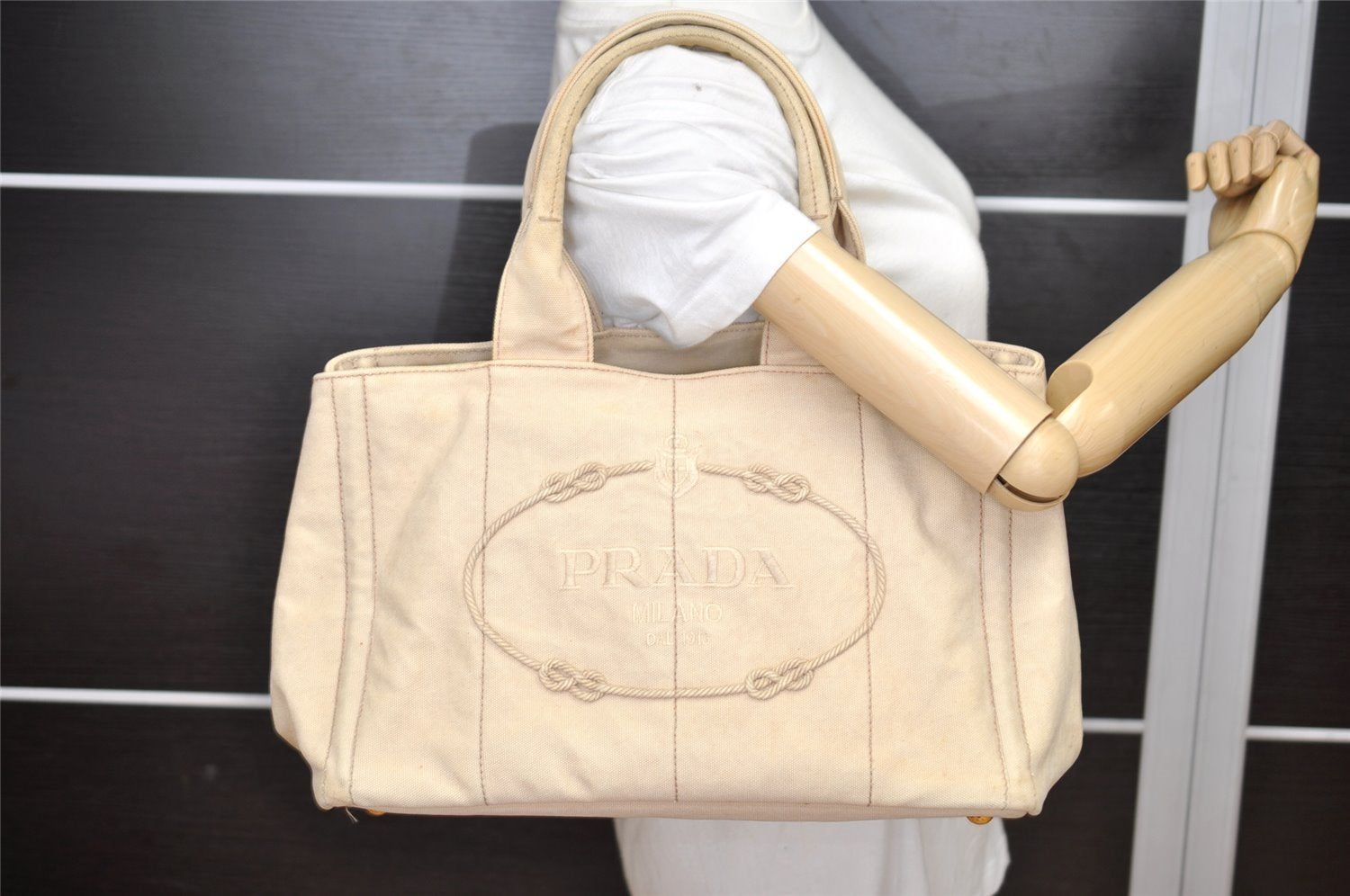 Authentic PRADA Vintage Canapa M Canvas Tote Hand Bag Beige 4471K