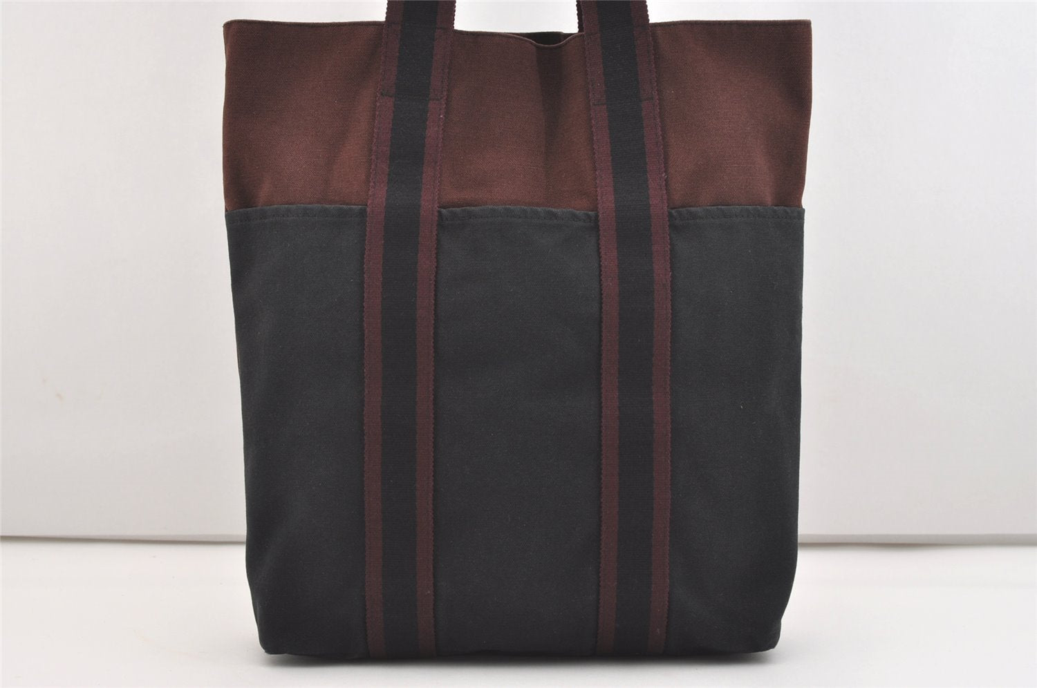 Authentic HERMES Fourre Tout Cabas Hand Tote Bag Canvas Bordeaux Black 4482J