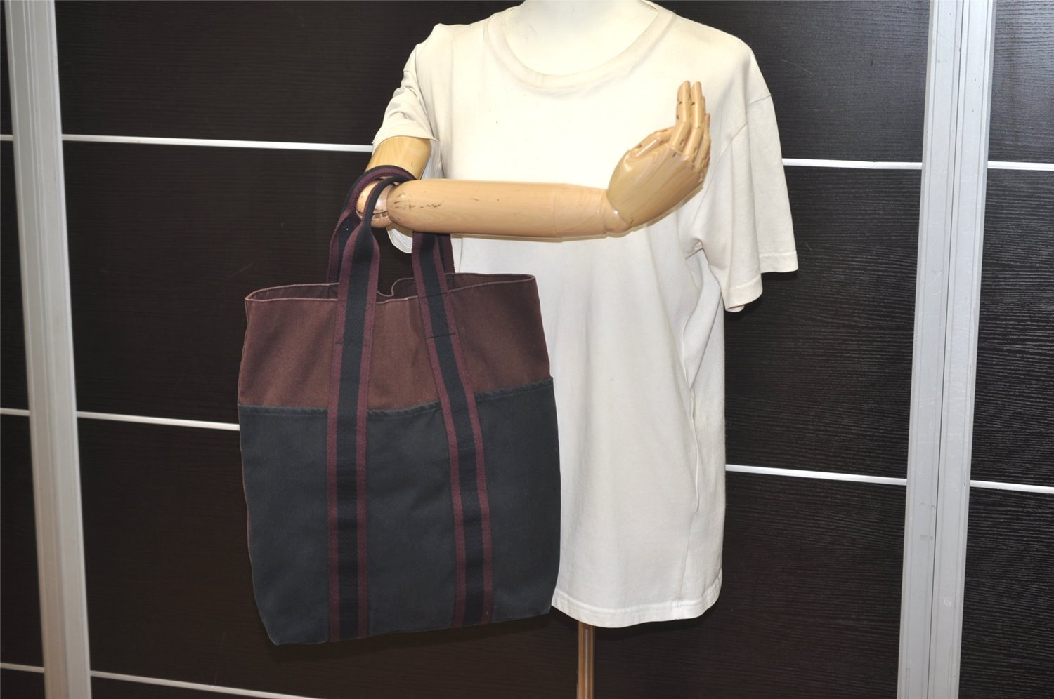 Authentic HERMES Fourre Tout Cabas Hand Tote Bag Canvas Bordeaux Black 4482J