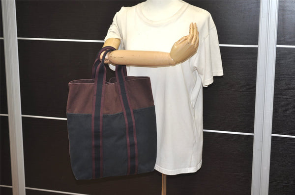 Authentic HERMES Fourre Tout Cabas Hand Tote Bag Canvas Bordeaux Black 4482J