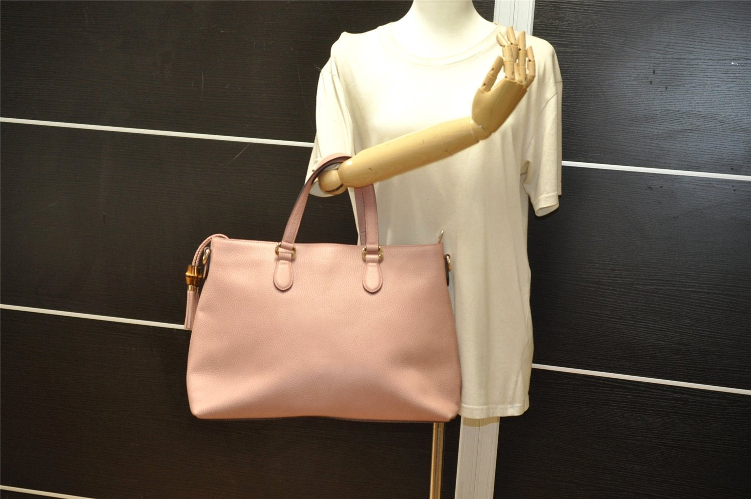 Authentic GUCCI Bamboo 2Way Shoulder Tote Bag Leather 449643 Pink 4484K