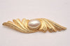 Authentic Christian Dior Vintage Feather Motif Brooch Imitation Pearl Gold 4485J