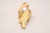 Authentic Christian Dior Vintage Feather Motif Brooch Imitation Pearl Gold 4485J