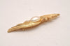 Authentic Christian Dior Vintage Feather Motif Brooch Imitation Pearl Gold 4485J