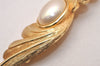 Authentic Christian Dior Vintage Feather Motif Brooch Imitation Pearl Gold 4485J