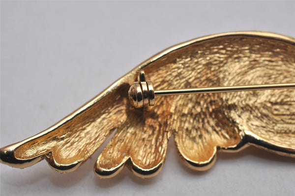 Authentic Christian Dior Vintage Feather Motif Brooch Imitation Pearl Gold 4485J