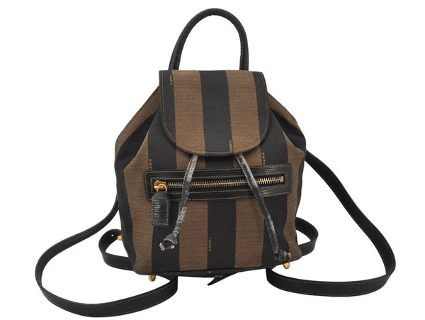 Authentic FENDI Pequin Pattern Canvas Leather Backpack Purse Brown Black 4485K