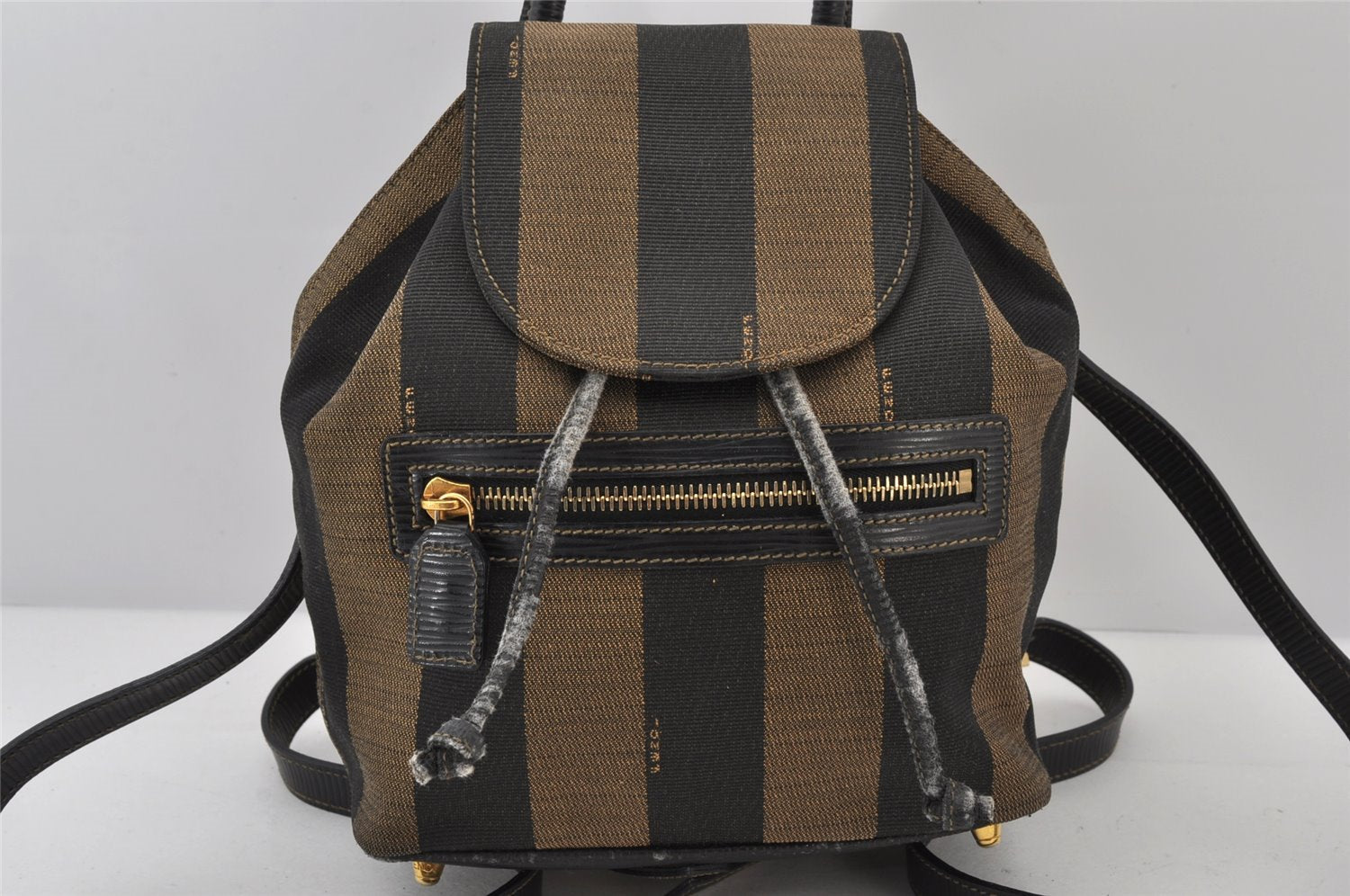 Authentic FENDI Pequin Pattern Canvas Leather Backpack Purse Brown Black 4485K