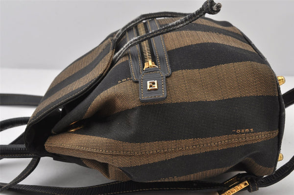 Authentic FENDI Pequin Pattern Canvas Leather Backpack Purse Brown Black 4485K