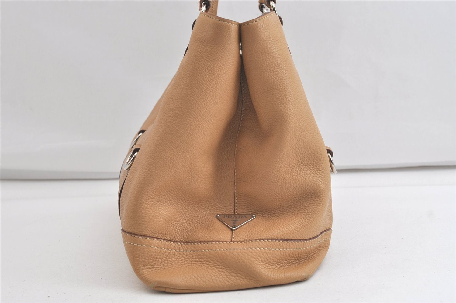 Authentic PRADA Vintage Leather Shoulder Tote Bag Beige 4490K