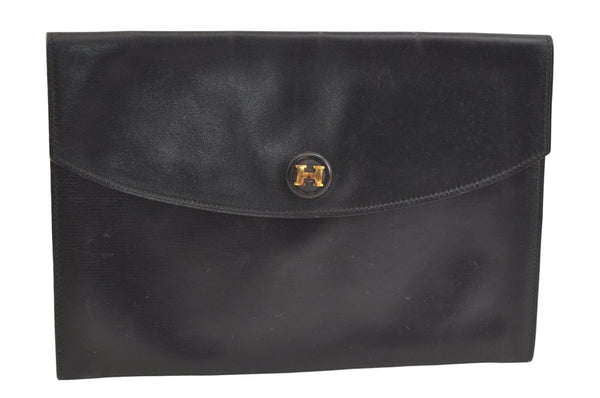 Authentic HERMES Pochette Rio Clutch Hand Bag Purse Leather Black 4494K