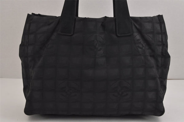 Authentic CHANEL New Travel Line Shoulder Tote Bag Nylon Leather Black 4498J