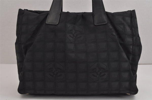 Authentic CHANEL New Travel Line Shoulder Tote Bag Nylon Leather Black 4498J