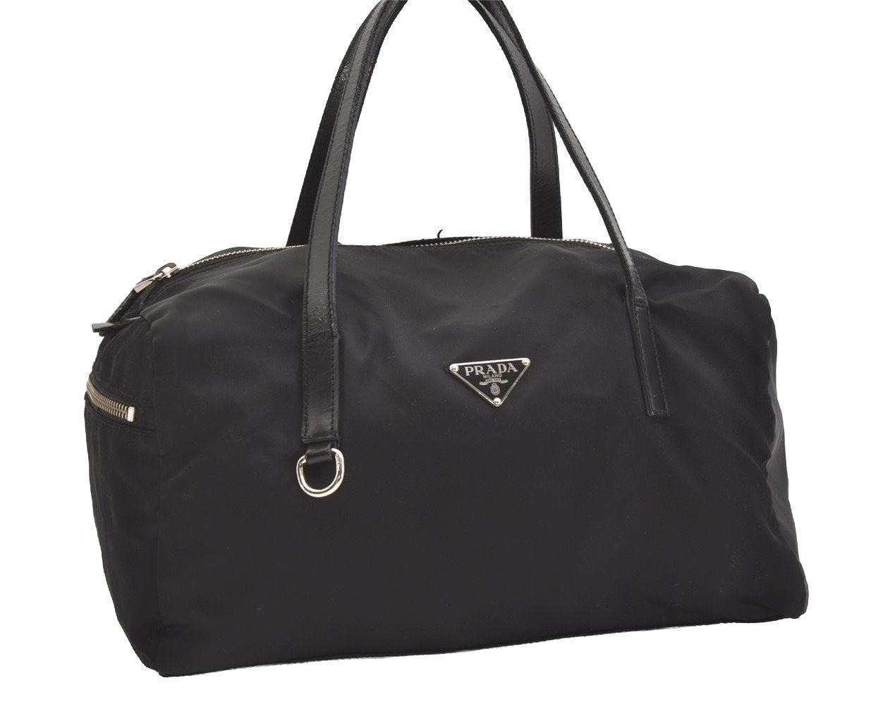 Authentic PRADA Nylon Tessuto Leather Hand Boston Bag Purse Black 4499J