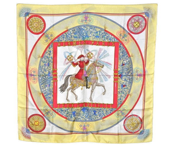 Authentic HERMES Carre 90 Scarf "FEUX D' ARTIFICE" Silk Yellow 4503J