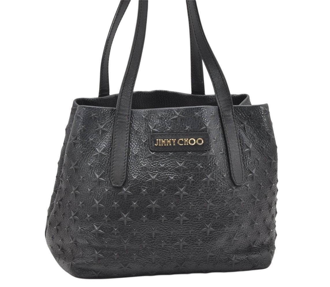 Authentic JIMMY CHOO Pimlico Star Pattern Leather Hand Tote Bag Black 4507K