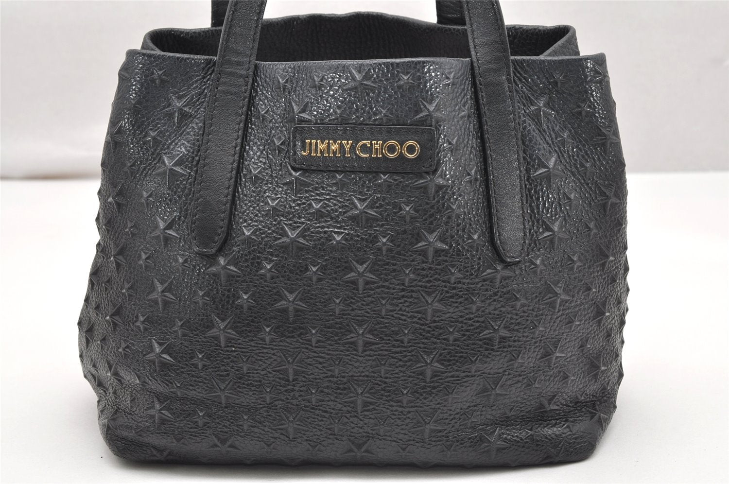 Authentic JIMMY CHOO Pimlico Star Pattern Leather Hand Tote Bag Black 4507K