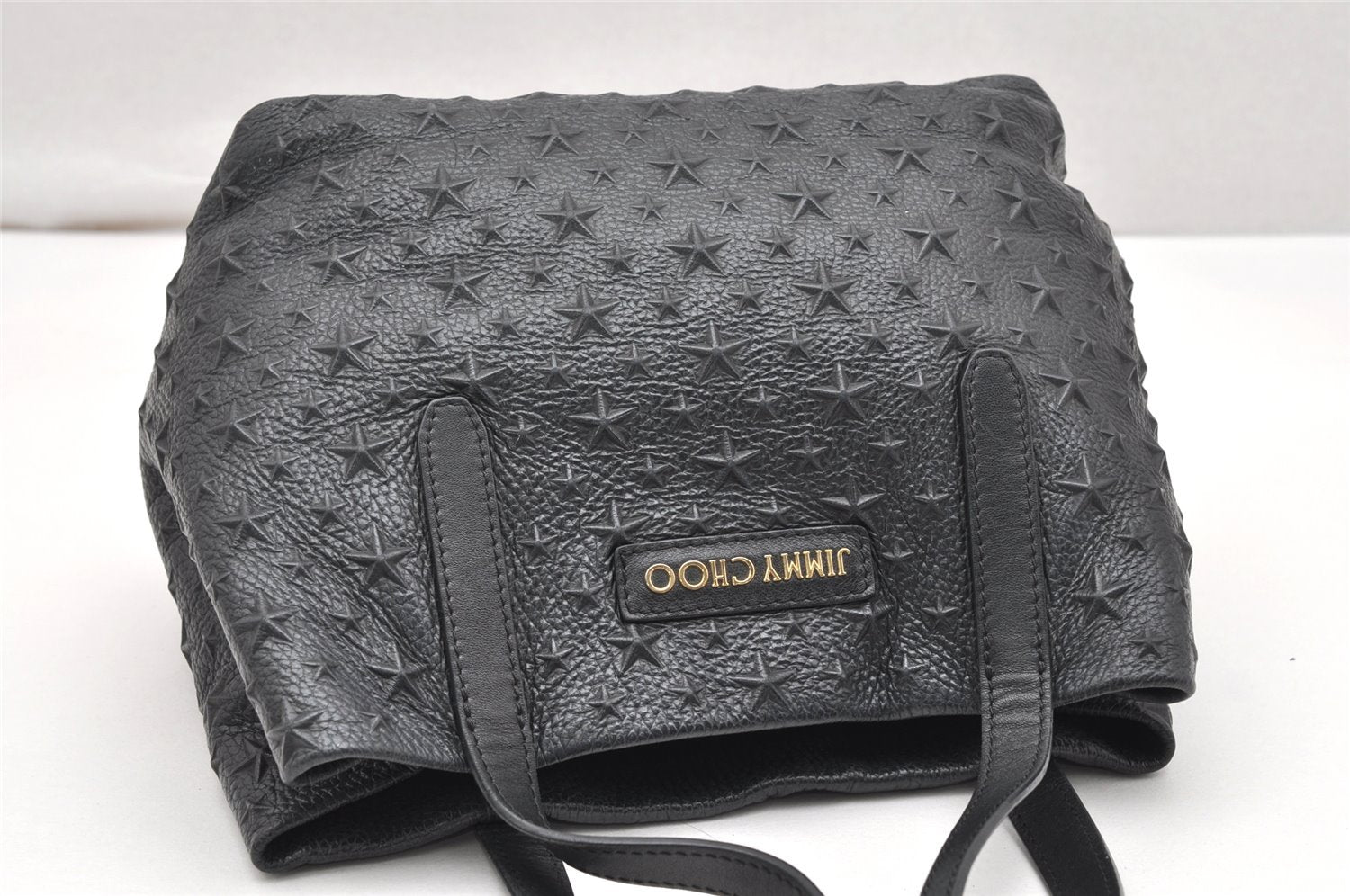 Authentic JIMMY CHOO Pimlico Star Pattern Leather Hand Tote Bag Black 4507K