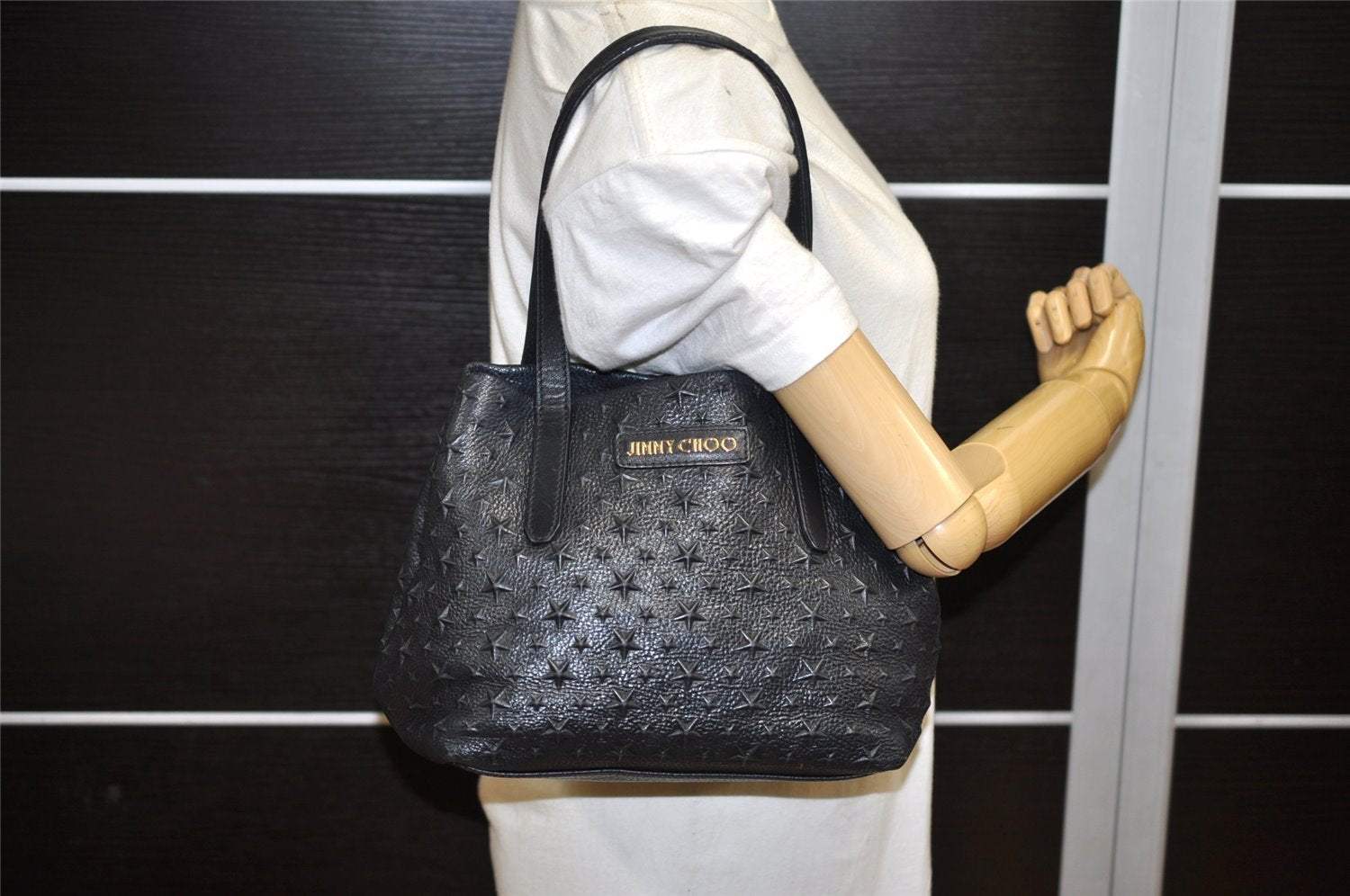 Authentic JIMMY CHOO Pimlico Star Pattern Leather Hand Tote Bag Black 4507K