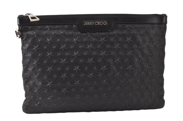 Authentic JIMMY CHOO Pimlico Star Pattern Leather Clutch Hand Bag Black 4508K