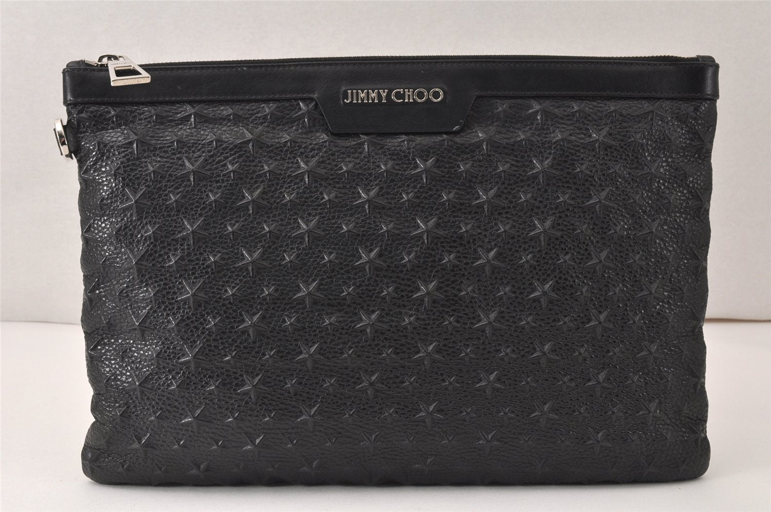 Authentic JIMMY CHOO Pimlico Star Pattern Leather Clutch Hand Bag Black 4508K