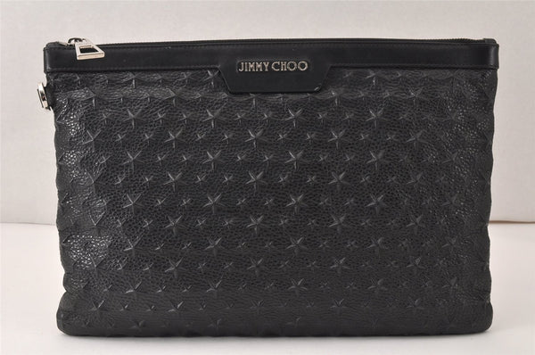 Authentic JIMMY CHOO Pimlico Star Pattern Leather Clutch Hand Bag Black 4508K