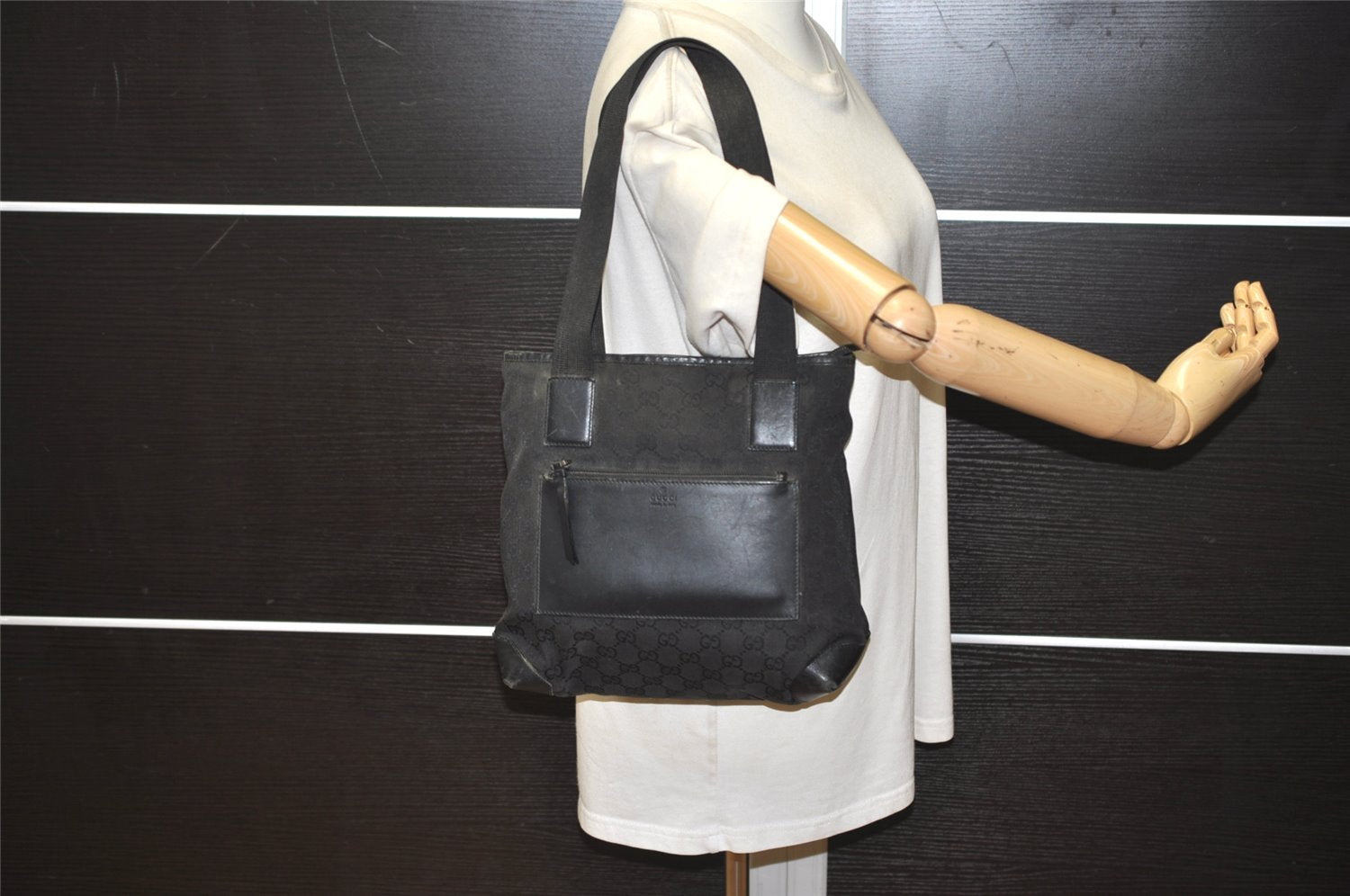 Authentic GUCCI Vintage Shoulder Tote Bag GG Canvas Leather 28893 Black 4509J