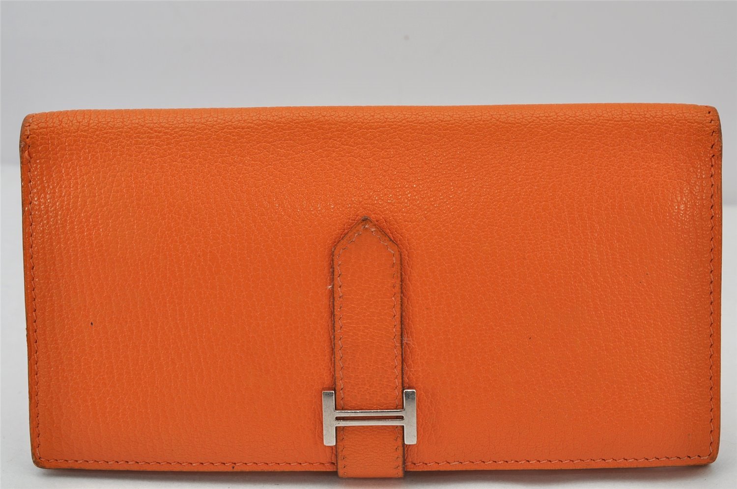 Authentic HERMES Bearn 2 PLIS Leather Trifold Long Wallet Purse Orange 4514K