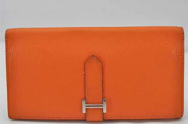 Authentic HERMES Bearn 2 PLIS Leather Trifold Long Wallet Purse Orange 4514K