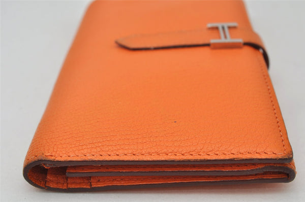 Authentic HERMES Bearn 2 PLIS Leather Trifold Long Wallet Purse Orange 4514K