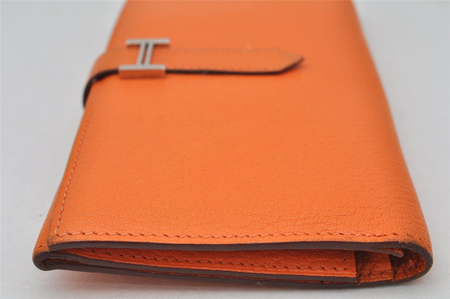 Authentic HERMES Bearn 2 PLIS Leather Trifold Long Wallet Purse Orange 4514K