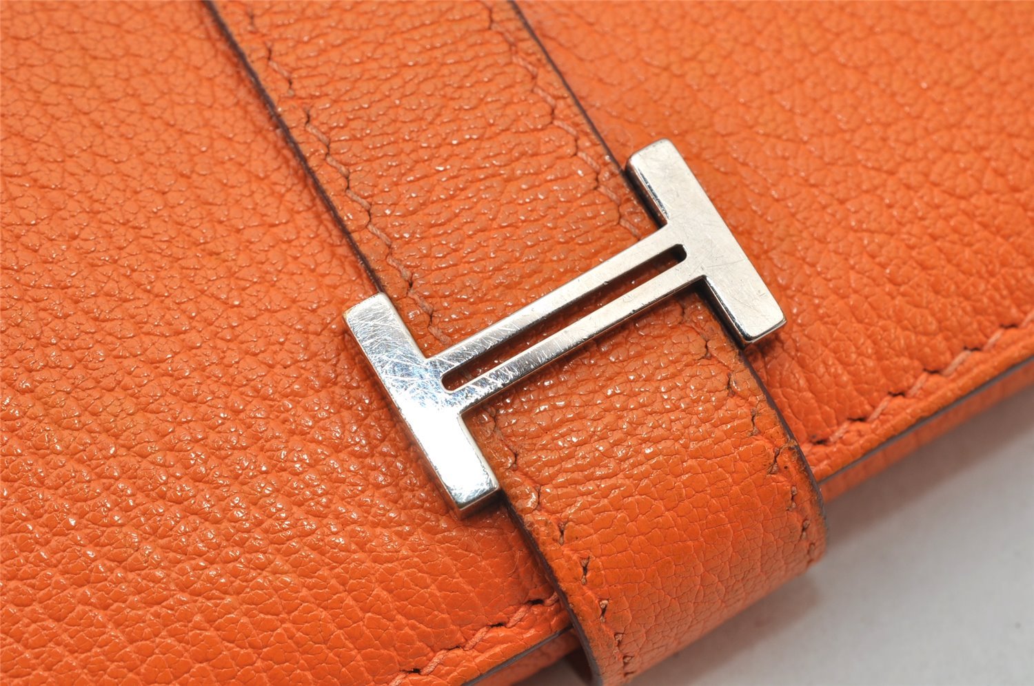 Authentic HERMES Bearn 2 PLIS Leather Trifold Long Wallet Purse Orange 4514K