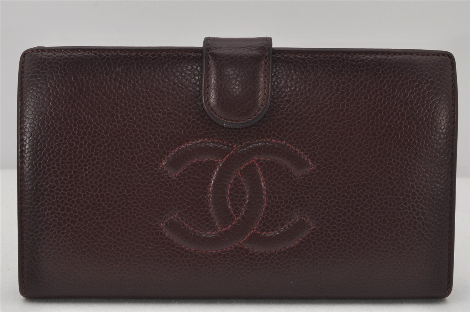 Authentic CHANEL Caviar Skin CC Logo Long Wallet Purse Bordeaux Red Box 4515K