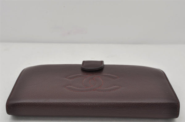 Authentic CHANEL Caviar Skin CC Logo Long Wallet Purse Bordeaux Red Box 4515K