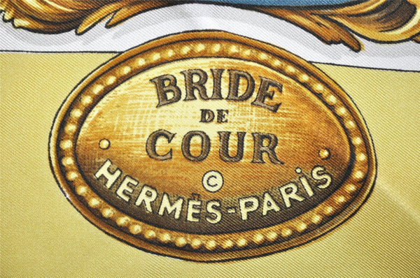 Authentic HERMES Carre 90 Scarf "BRIDE DE COUR" Silk Yellow 4519J