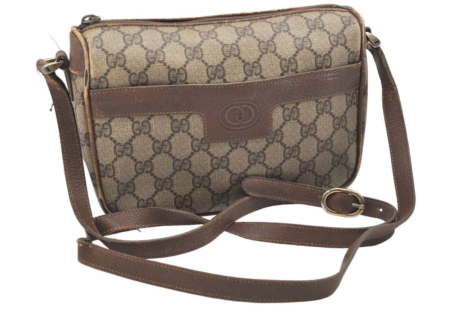 Authentic GUCCI Shoulder Cross Body Bag Purse GG PVC Leather Brown Junk 4520K