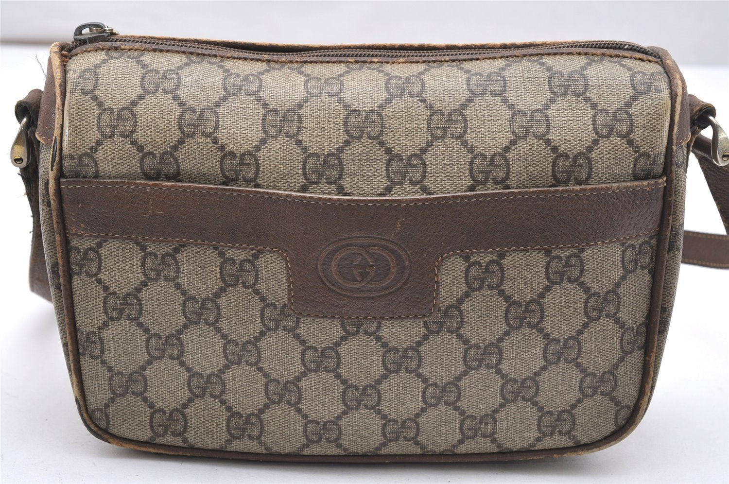 Authentic GUCCI Shoulder Cross Body Bag Purse GG PVC Leather Brown Junk 4520K