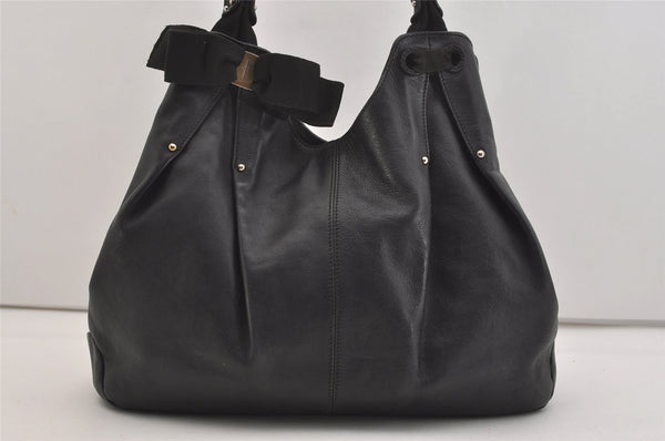 Authentic Salvatore Ferragamo Vara Ribbon Leather Shoulder Tote Bag Black 4525J