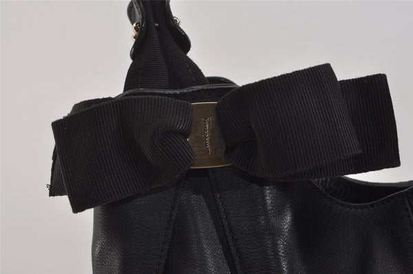 Authentic Salvatore Ferragamo Vara Ribbon Leather Shoulder Tote Bag Black 4525J