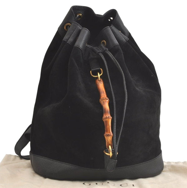 Authentic GUCCI Vintage Bamboo Drawstring Backpack Suede Leather Black 4525K