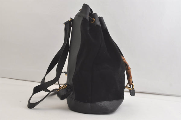 Authentic GUCCI Vintage Bamboo Drawstring Backpack Suede Leather Black 4525K