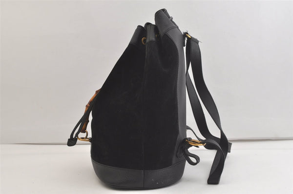 Authentic GUCCI Vintage Bamboo Drawstring Backpack Suede Leather Black 4525K